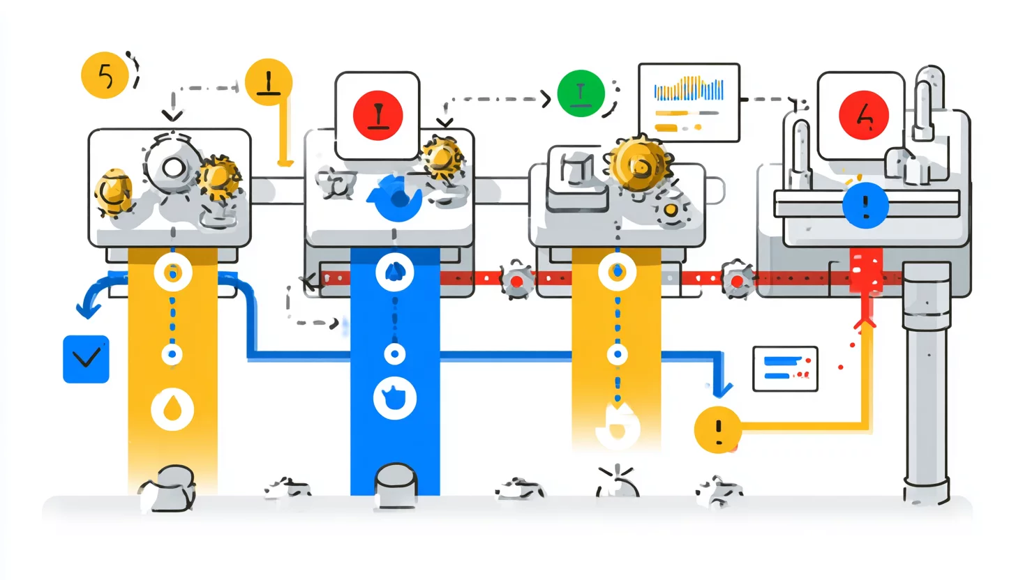 Иллюстрация процесса оптимизации: визуализация потоков работы с минимизацией ошибок и повышением качества, с иконками дефектов, стрелками и уровнями сигм.