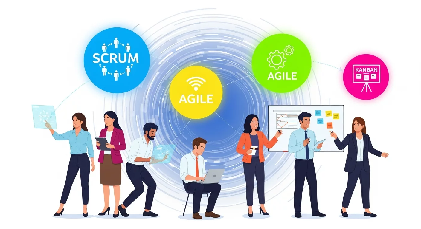 Иллюстрация динамичной команды на фоне цифровых иконок гибких методологий (Scrum, Agile, Kanban) в ярких цветах, показывающая последовательность и взаимодействие в проектной работе.