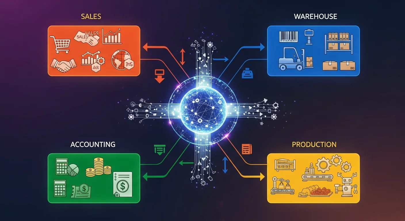 Красочная инфографика, иллюстрирующая объединение различных бизнес-процессов (продажи, склад, бухгалтерия, производство) в единую цифровую сеть