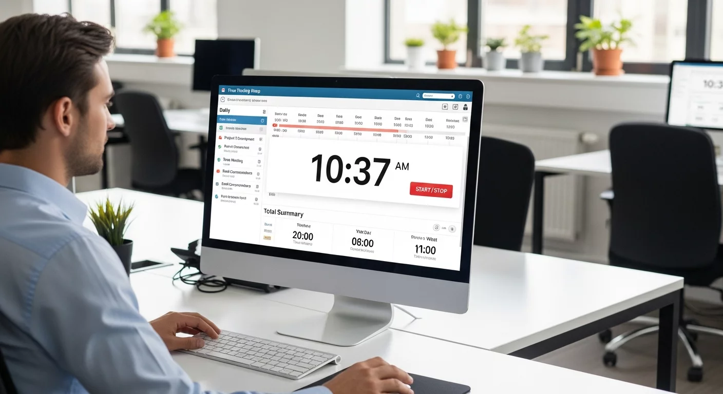 Сотрудник европеоидной внешности в офисной обстановке за компьютером, работающий с программой для учета рабочего времени или тайм-трекером.