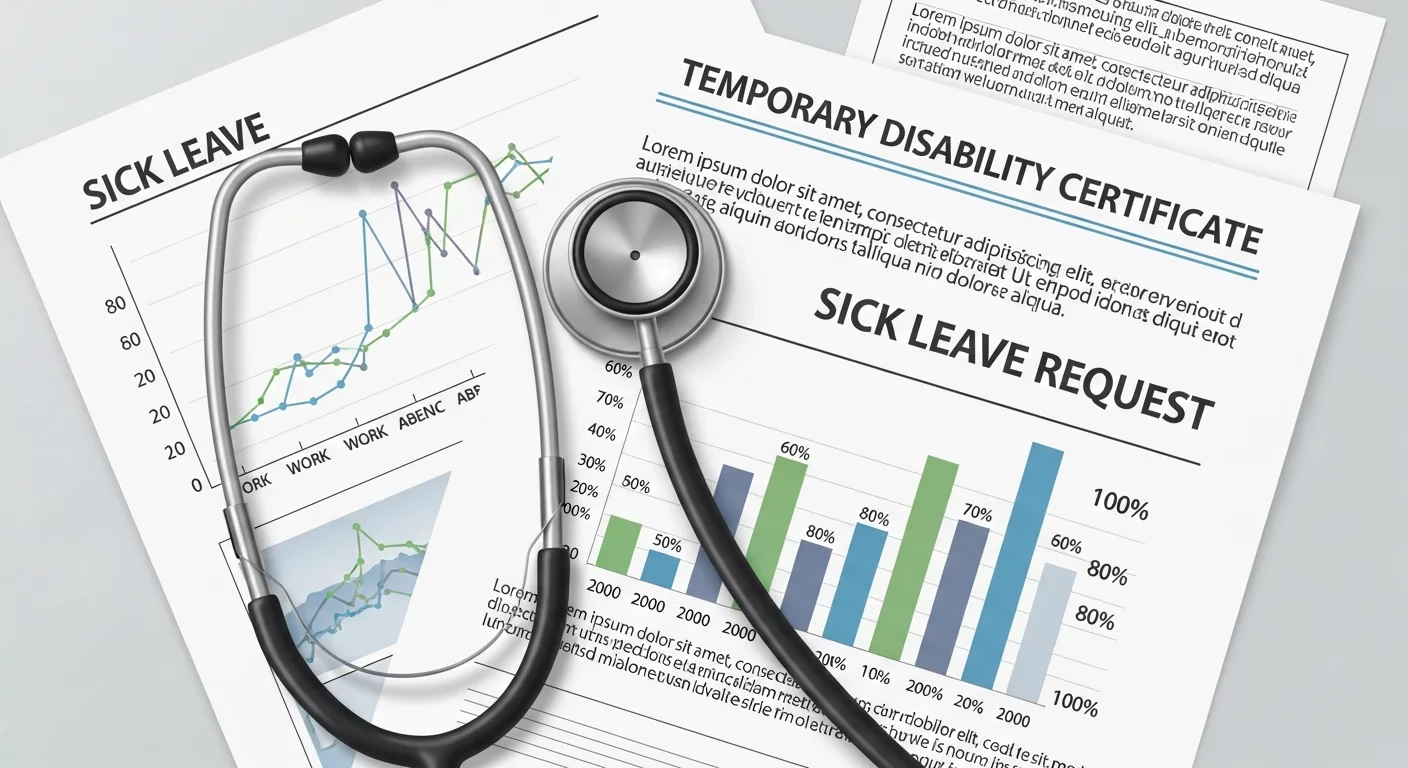 Иллюстрация медицинского символа — стетоскопа и листа больничного с графиками и цифрами, подчеркивающая тему временной нетрудоспособности и оплаты.