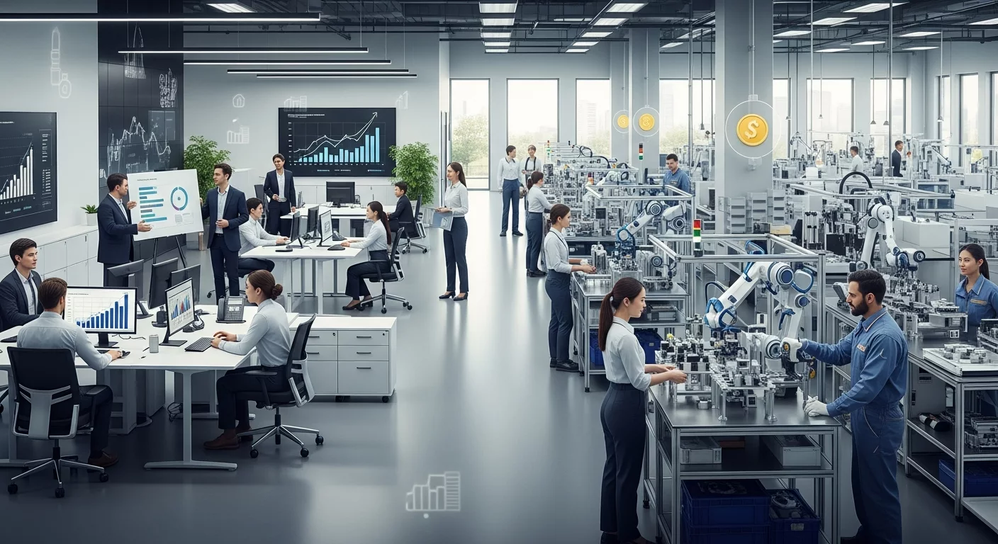 Современное производственное помещение с оборудованием и сотрудниками, символизирующее успешное развитие бизнеса благодаря грамотному управлению финансами.