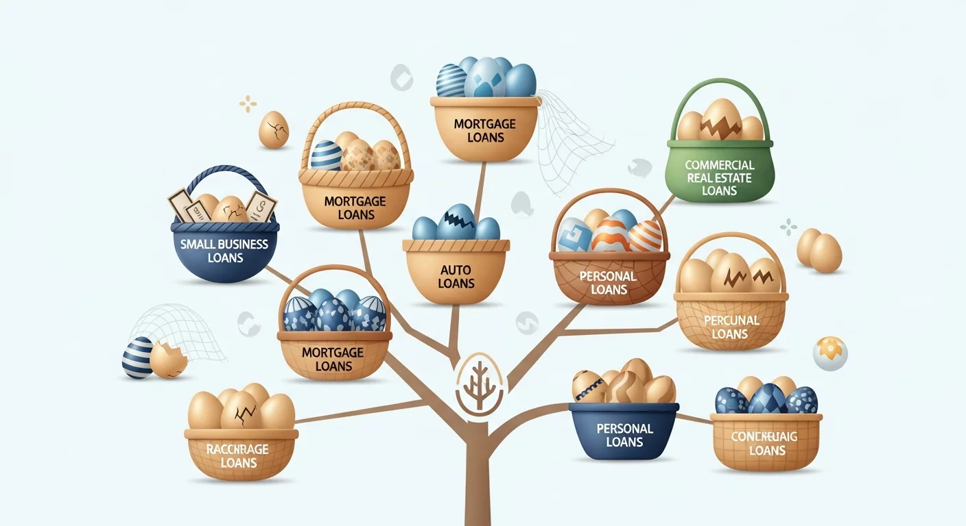 Инфографика с изображением множества корзин и яиц, символизирующая диверсификацию кредитного портфеля и разумное распределение рисков.