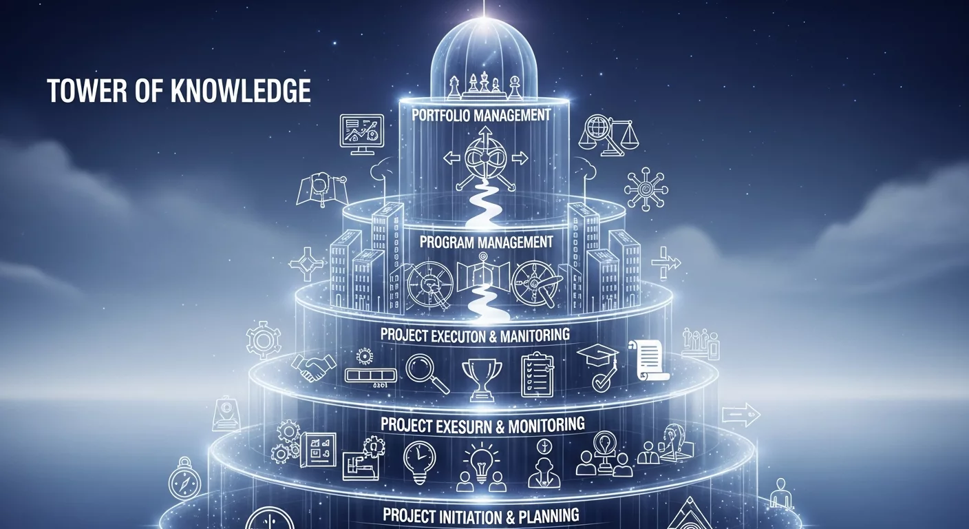 Художественное изображение «башни знаний» — стилизованная конструкция из прозрачных этажей с символами и иконками, отражающими основные уровни управления проектами и программами.