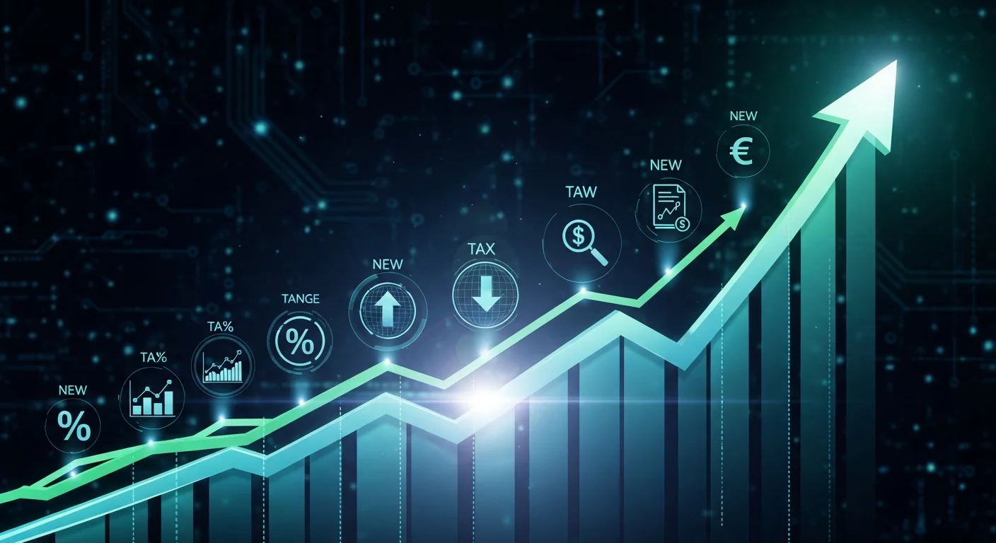 Абстрактное изображение растущей диаграммы или инфографики с элементами цифровых иконок, символизирующих изменения налоговых ставок и новых финансовых показателей.