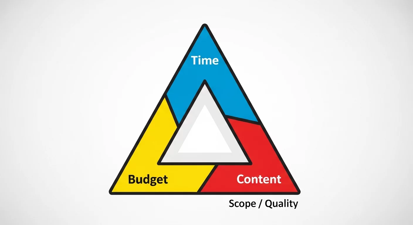 Иллюстрация проектного треугольника с подписями «Время», «Бюджет» и «Содержание» для наглядного визуального понимания концепции.