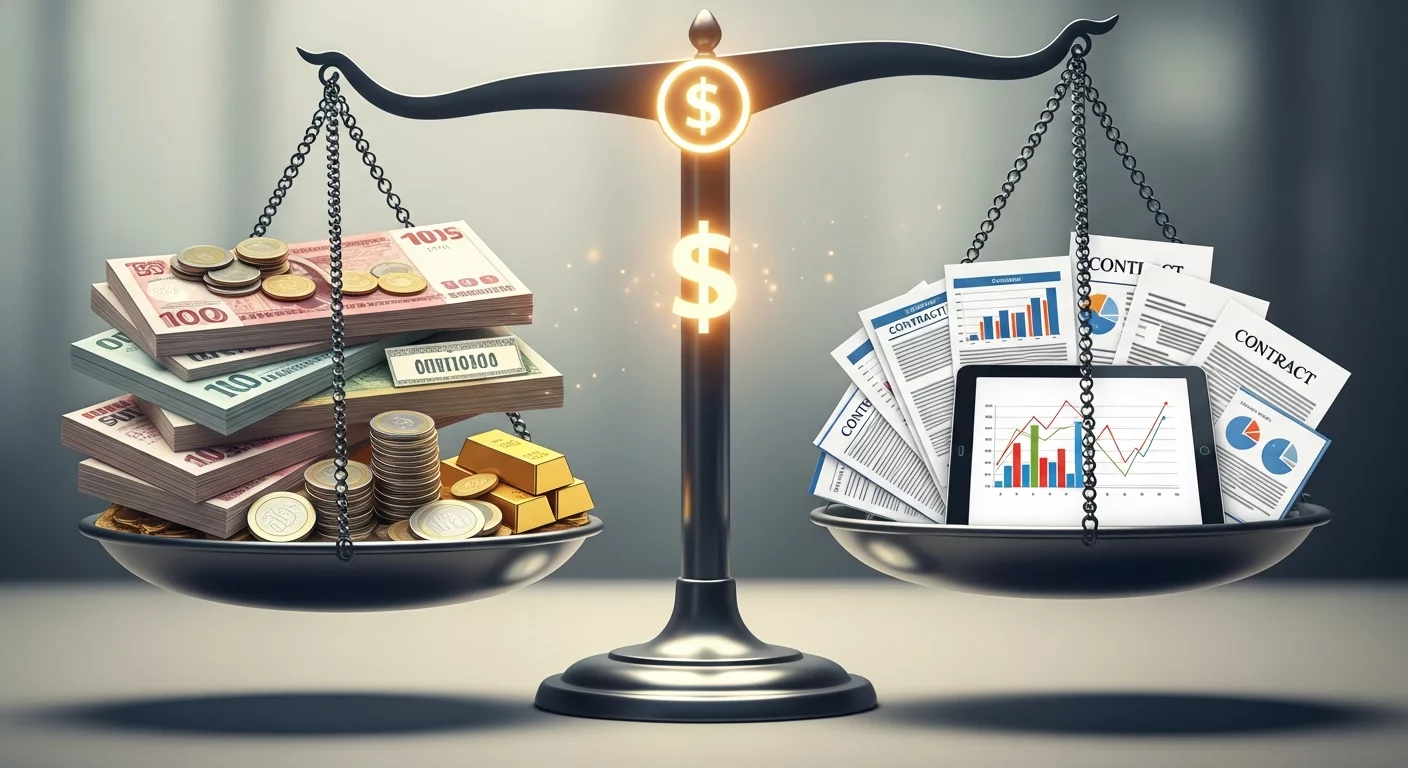Абстрактное изображение баланса или весов, где на одной чаше лежат деньги и инвестиции, на другой — документы и аналитические графики, символизируя баланс доходов, расходов и контроля.
