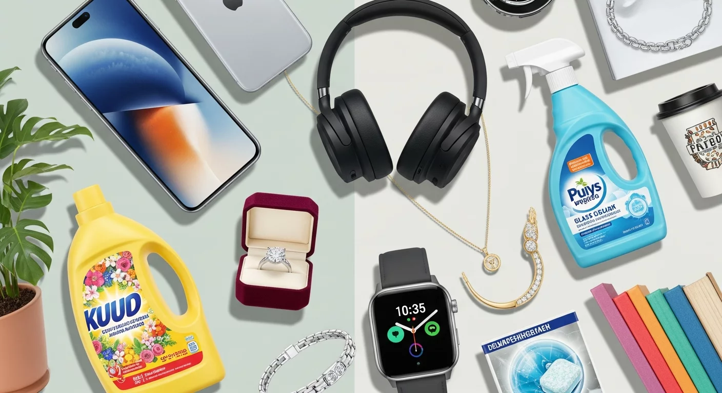 Коллаж из разнообразных товаров и услуг (электроника, ювелирные украшения, бытовая химия), визуализирующий категории с разной маржинальностью.