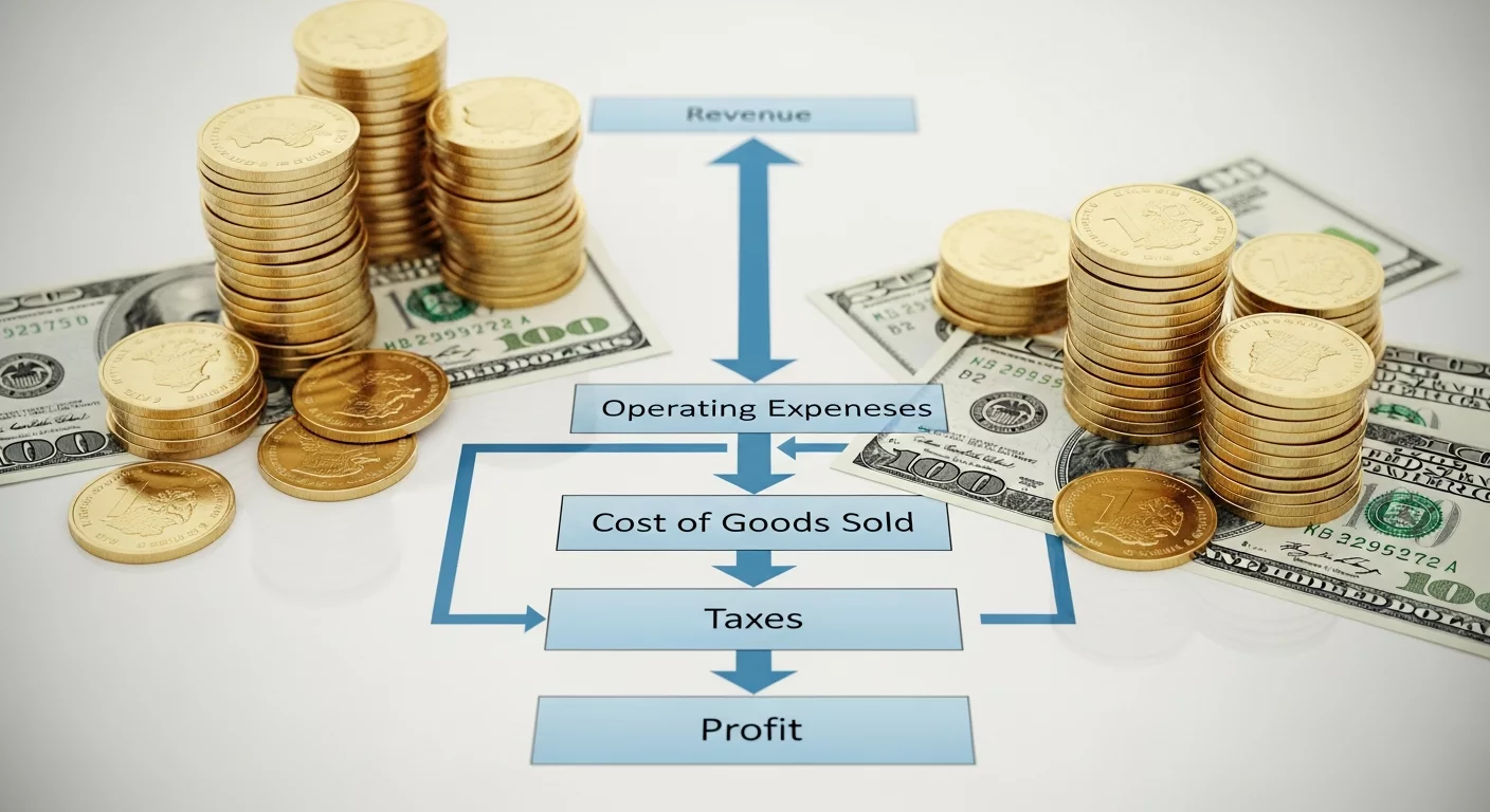 Иллюстрация денежного потока: стопки монет и купюр, наложенные на блок-схему со стрелками, показывающими движение денег от дохода через расходы к прибыли.