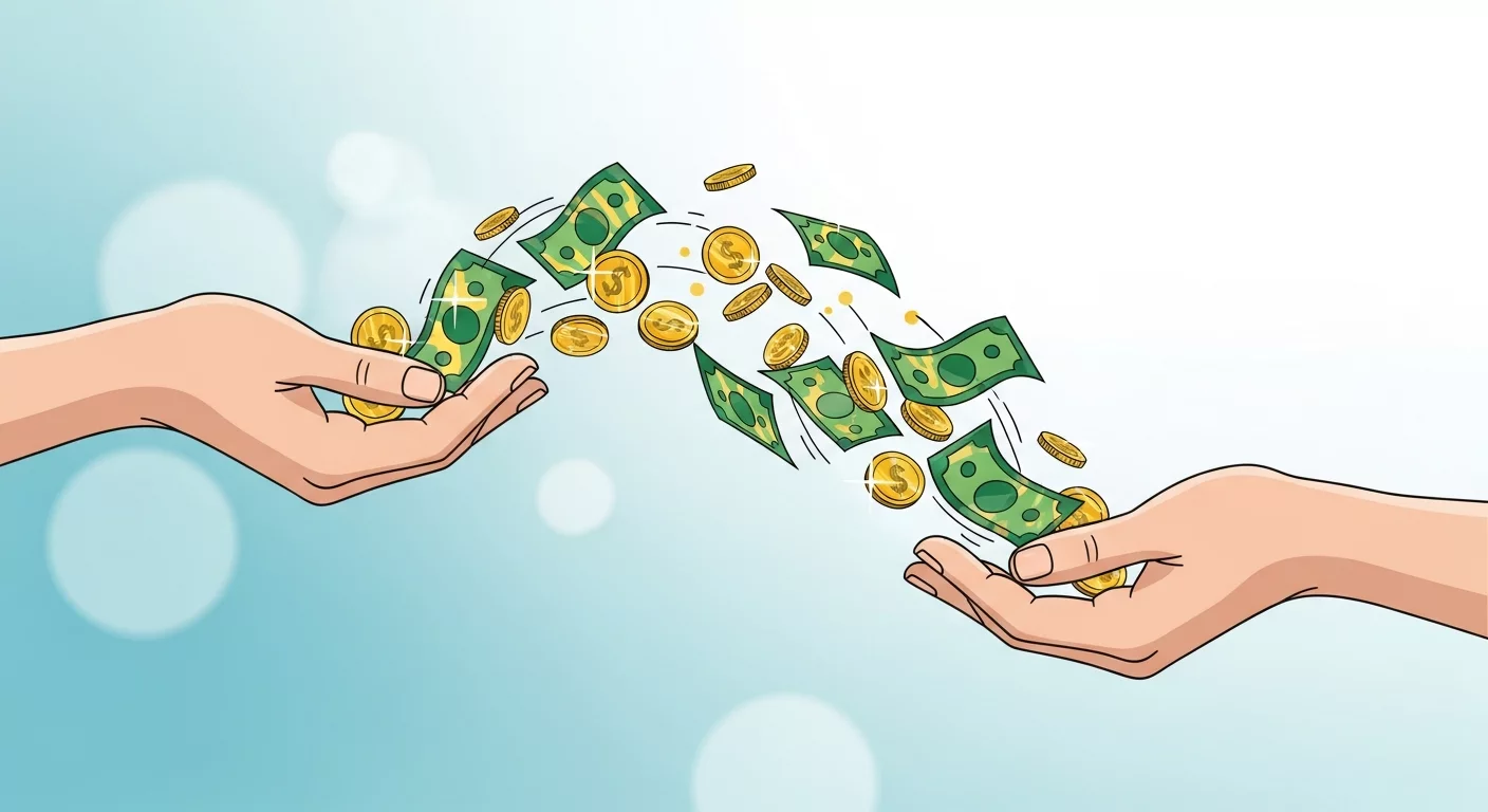 Иллюстрация денежного потока в виде стилизованных золотых монет и купюр, плавно переходящих из одной руки в другую, символизирующая движение денег в бизнесе. Иллюстрация денежного потока в виде стилизованных золотых монет и купюр, плавно переходящих из одной руки в другую, символизирующая движение денег в бизнесе.