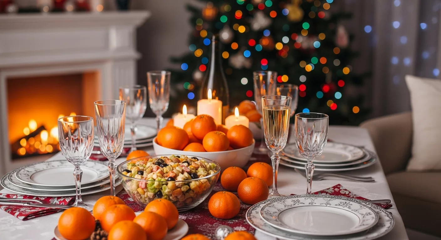 Яркая и уютная новогодняя сцена с праздничным столом, наполненным оливье, мандаринами и бокалами шампанского, создающая атмосферу зимнего отдыха и праздничного настроения.