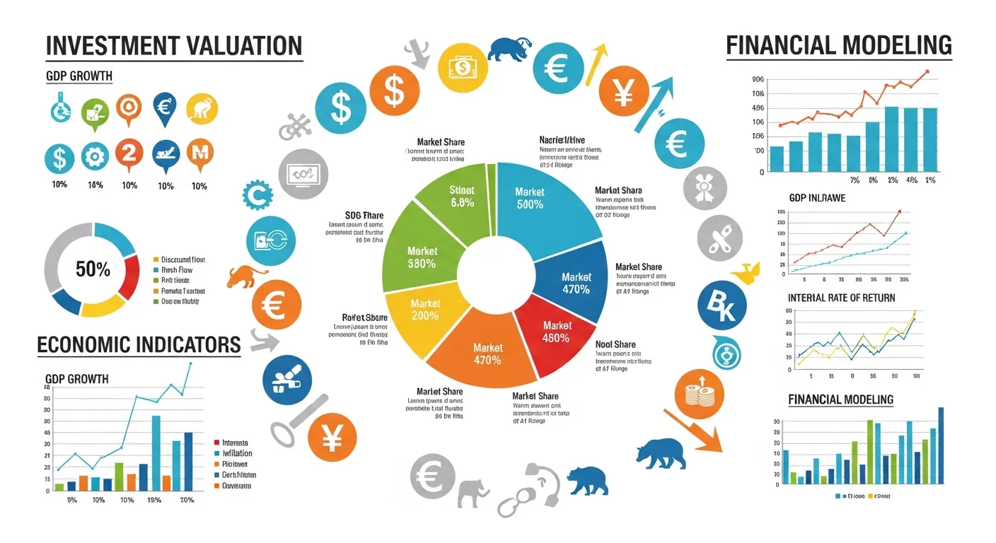 Красочная инфографика с диаграммами, формулами и символами экономических показателей, которая привлекает внимание к сложным финансовым расчетам и методам оценки инвестиций.
