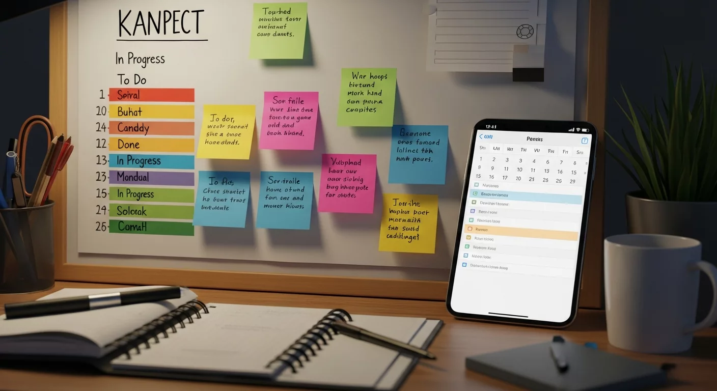Атмосферное изображение рабочего пространства с инструментами тайм-менеджмента: канбан-доска, стикеры, мобильное приложение с календарём и задачами, подчеркивающее организацию и эффективность.