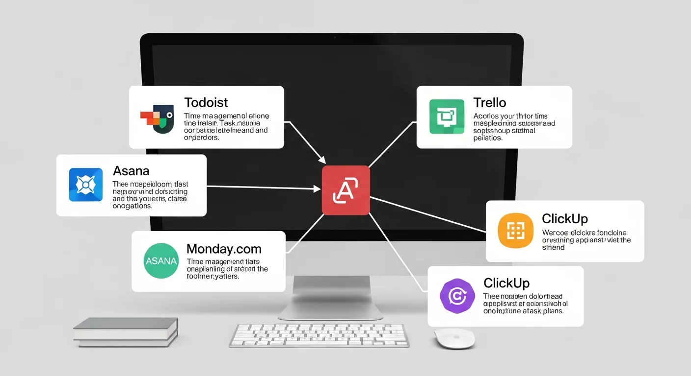 Стильная инфографика с наглядными иконками популярных приложений для тайм-менеджмента и планирования задач на фоне рабочего стола.