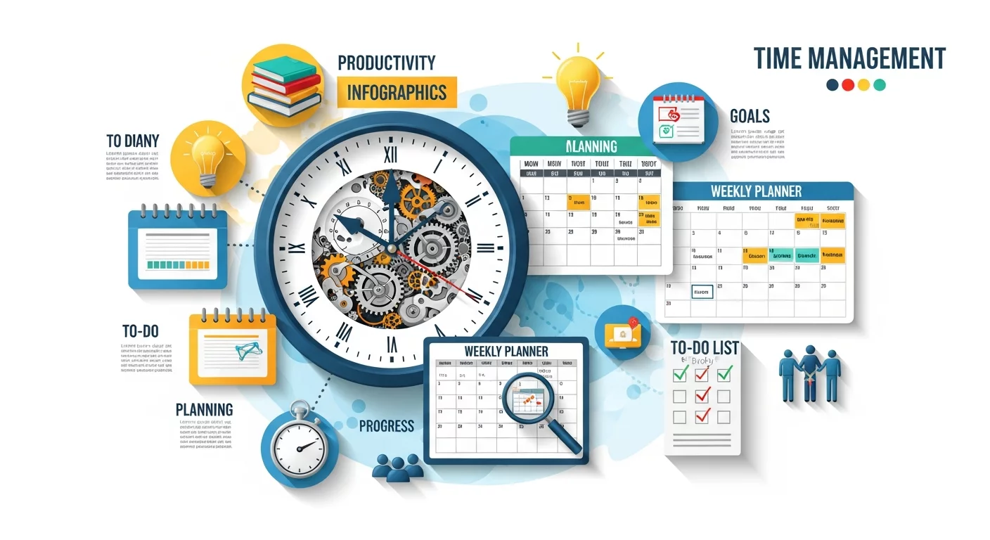 Красочная инфографика с изображением часов, календаря и элементов планирования времени, символизирующая управление временем и тайм-менеджмент.