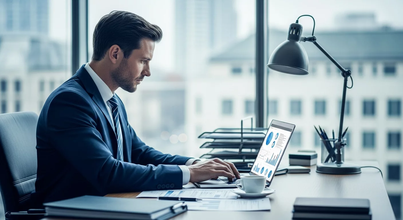 Мужчина в деловом костюме, работающий за ноутбуком в офисе и использующий пирамиду Франклина для тайм-менеджмента