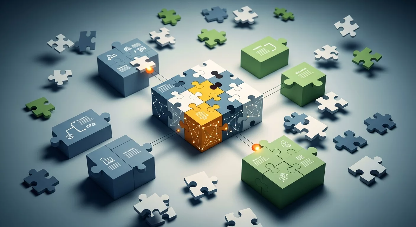 Абстрактное изображение пазлов, складывающихся в единую картину, символизирующее процесс декомпозиции и объединения мелких задач в цельный бизнес-процесс.