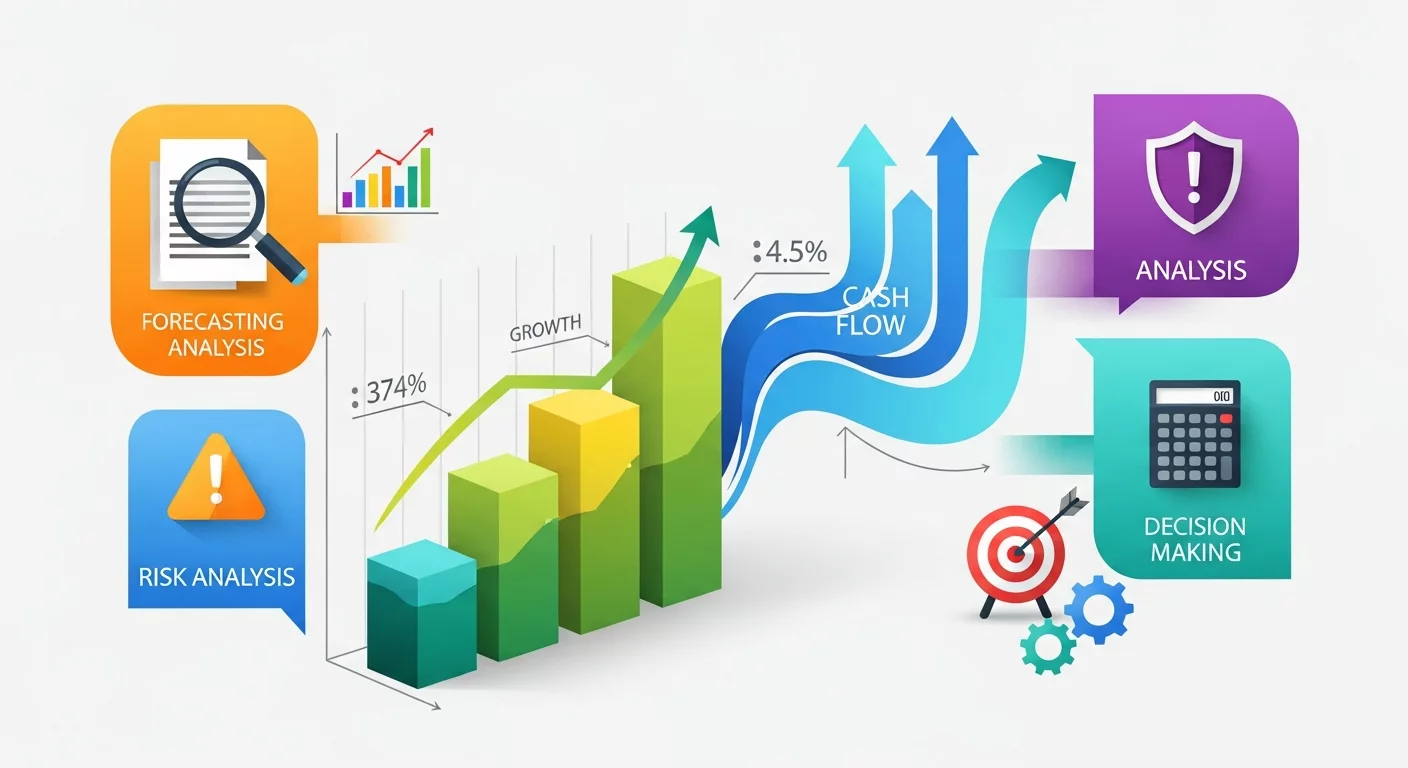 Красочная инфографика с графиками роста, денежными потоками и иконками бизнес-процессов, символизирующая прогнозирование, анализ рисков и принятие решений на основе финансовой модели.