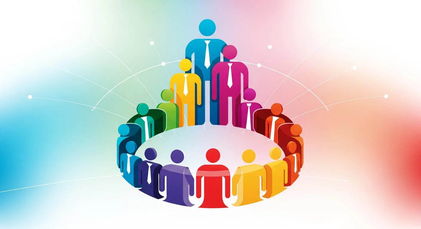 Абстрактное изображение команды, состоящей из разноуровневых специалистов, объединённых в круг, отражающее идею гибкости и адаптации в управлении.