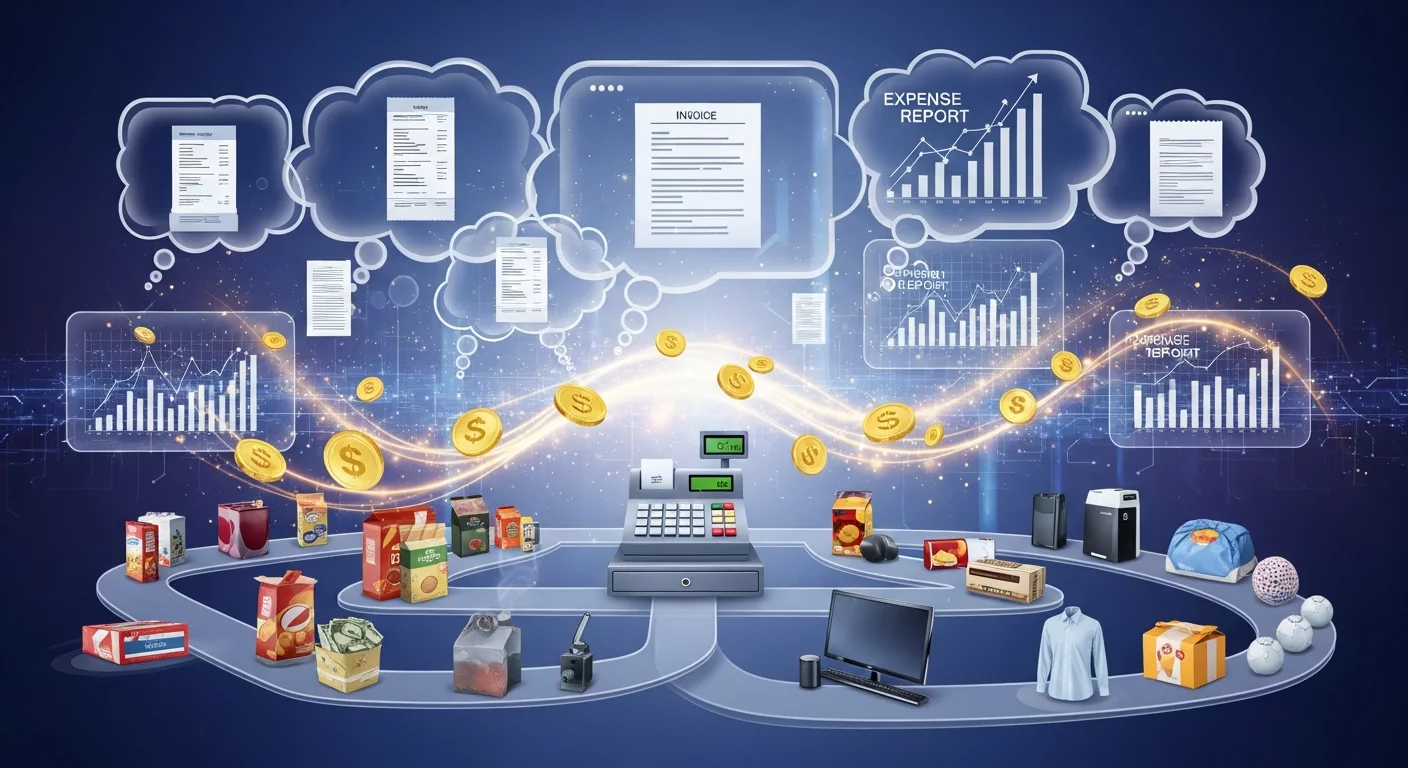 Креативное изображение бизнес-процессов: касса, товары, счета и денежные потоки, символизирующие движение денег и управление финансами.