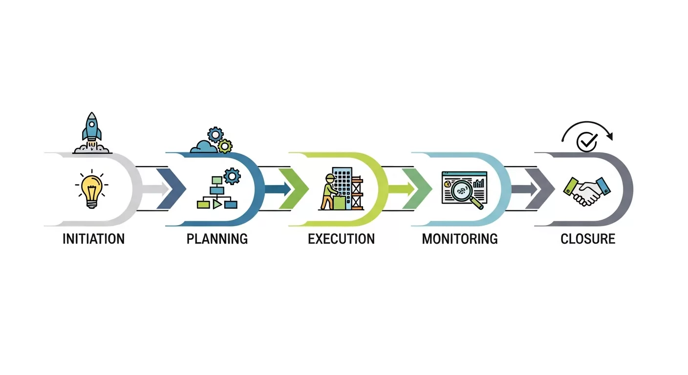 Иллюстрация в виде стилизованной схемы или инфографики, показывающей пять этапов управления проектом: инициация, планирование, исполнение, мониторинг и завершение.
