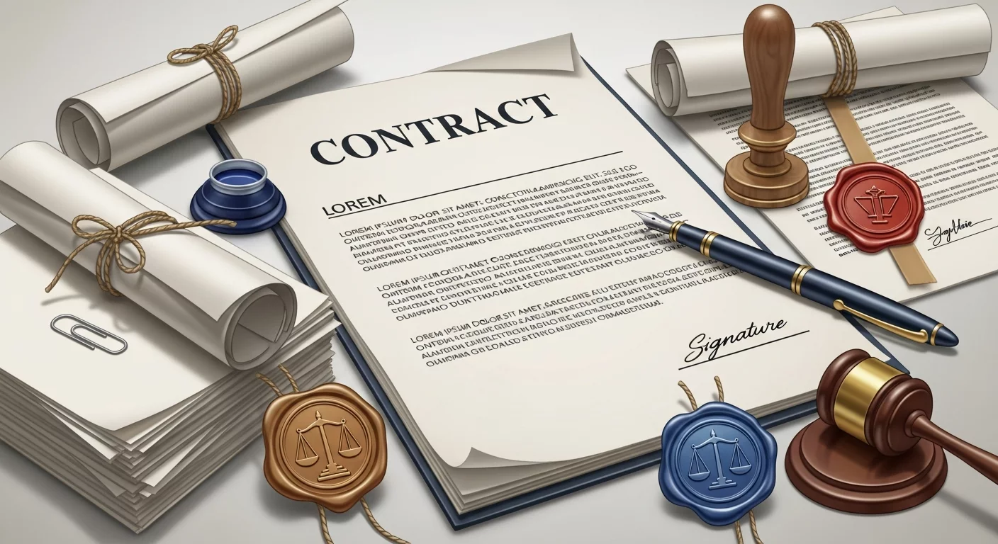 Иллюстрация с изображением юридических документов, договоров и печатей, символизирующая правовую основу и оформление договоров ГПХ.
