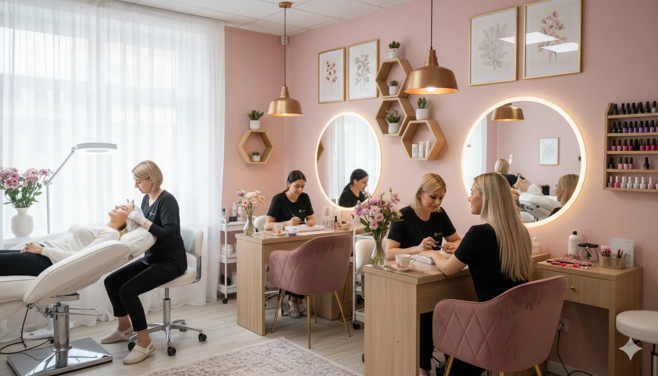 Атмосферное фото уютного интерьера бьюти-салона с мастерами за работой и довольными клиентами, создающее ощущение профессионализма и комфорта.