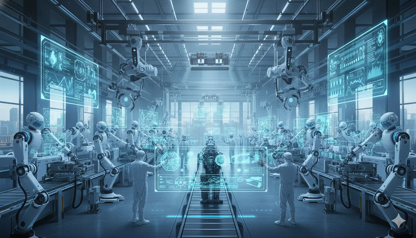 Иллюстрация автоматизированного производственного цеха с роботами и цифровыми панелями управления, подчеркивающая важность инноваций и цифровизации в современном производстве.