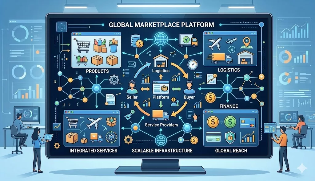 Изображение цифровой платформы с иконками товаров, логистики и финансов, отражающее сложную экосистему маркетплейсов.
