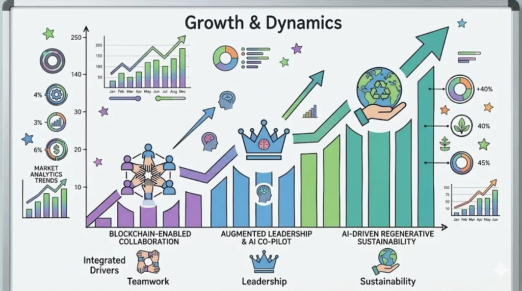 Абстрактная иллюстрация с элементами цифровых технологий и искусственного интеллекта, визуализирующая тренды и инновации в бизнесе
