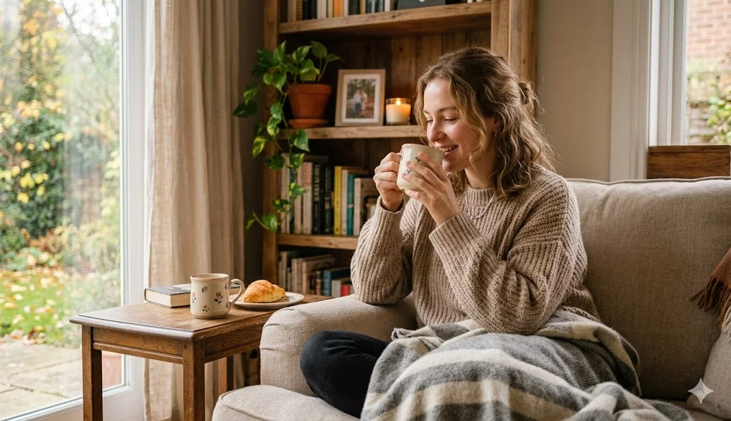 Молодой женщина в уютной домашней обстановке с чашкой кофе наслаждается напитком