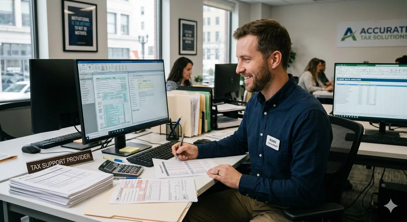 Исполнитель налоговой поддержки работает в офисе за компьютером с отчетами и налоговыми документами