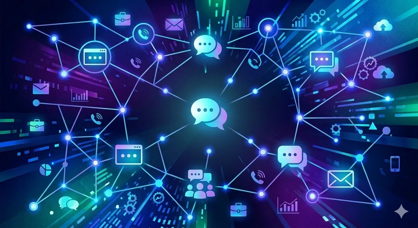 Абстрактное изображение цифровой сети и иконок мессенджеров, символизирующее коммуникационные каналы и обмен сообщениями в бизнесе