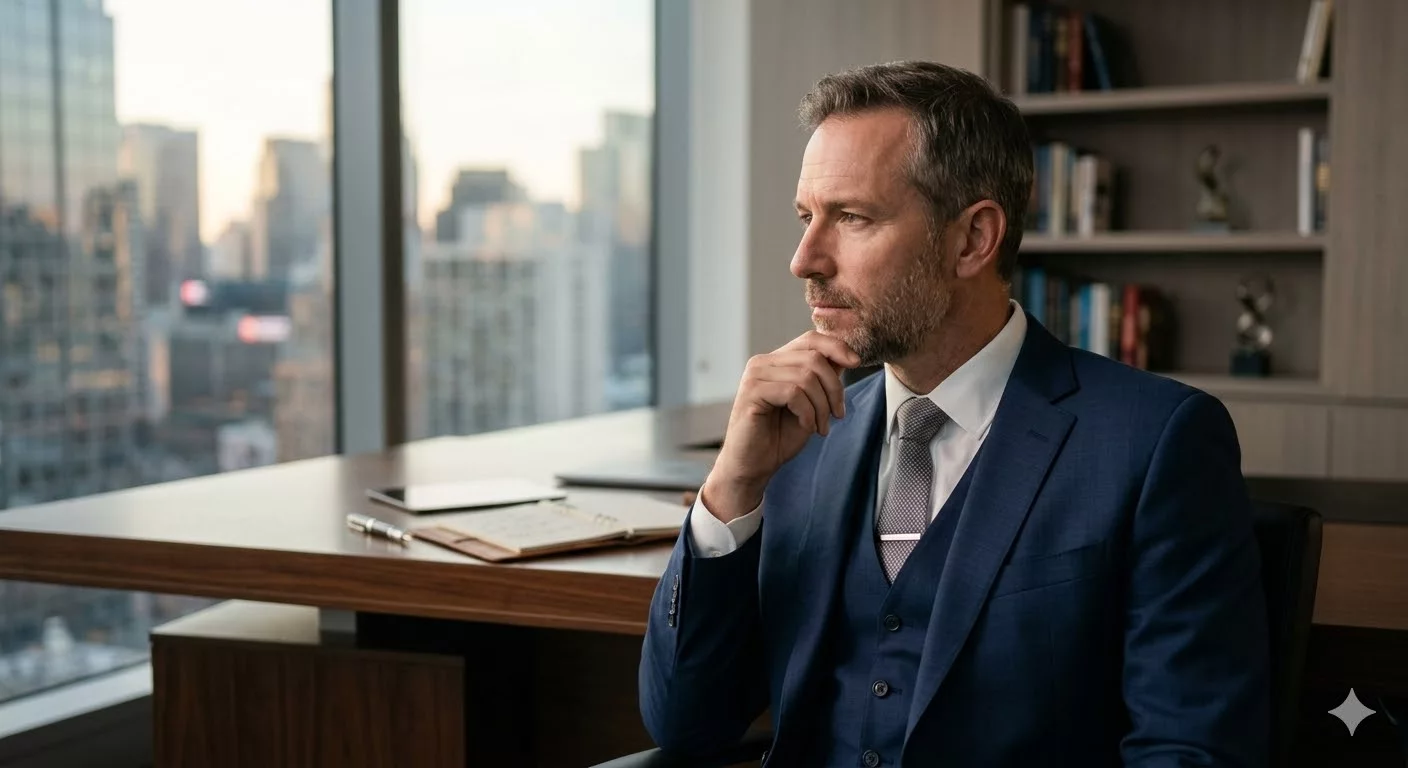 Портрет делового человека, задумчиво смотрящего в сторону