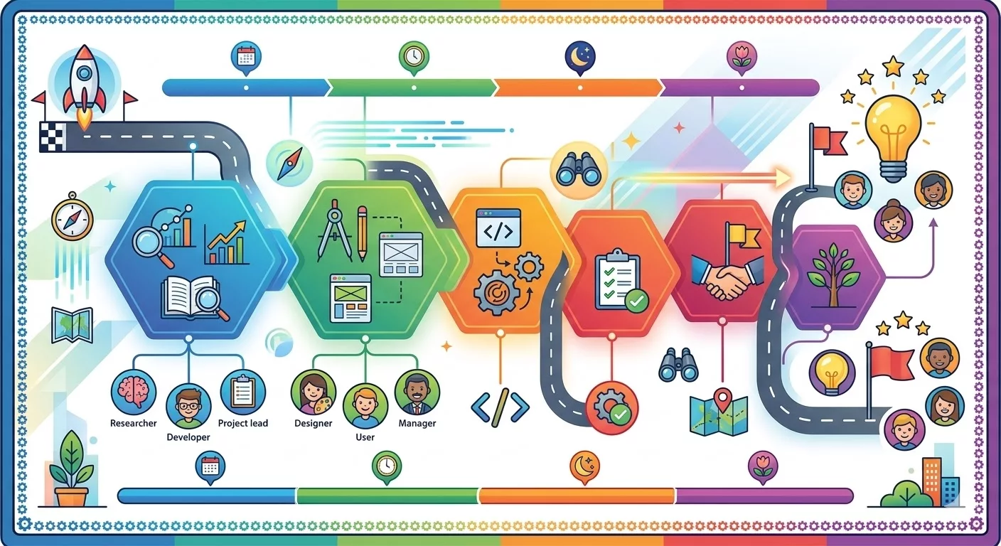 Инфографика с элементами дорожной карты: этапы проекта, временные линии, иконки задач и ответственных, визуально упрощающая понимание сложного процесса планирования