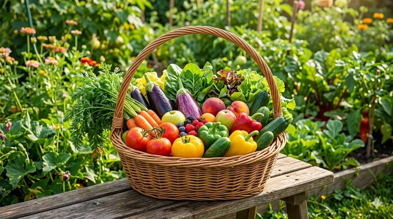 Красивый натюрморт с яркими свежими овощами и фруктами, аккуратно уложенными в корзину на фоне зеленого сада, подчеркивающий изобилие и урожайность дачного хозяйства