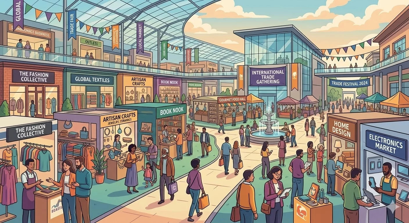 Иллюстрация современного торгового центра или ярмарки с разнообразными торговыми точками и покупателями, символизирующая сферу торговли и торговый сбор