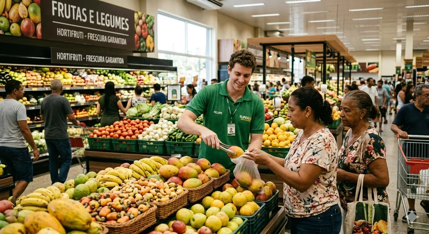 Сотрудник овощного магазина в униформе с бейджем, обслуживающий покупателей у прилавка с фруктами и овощами.