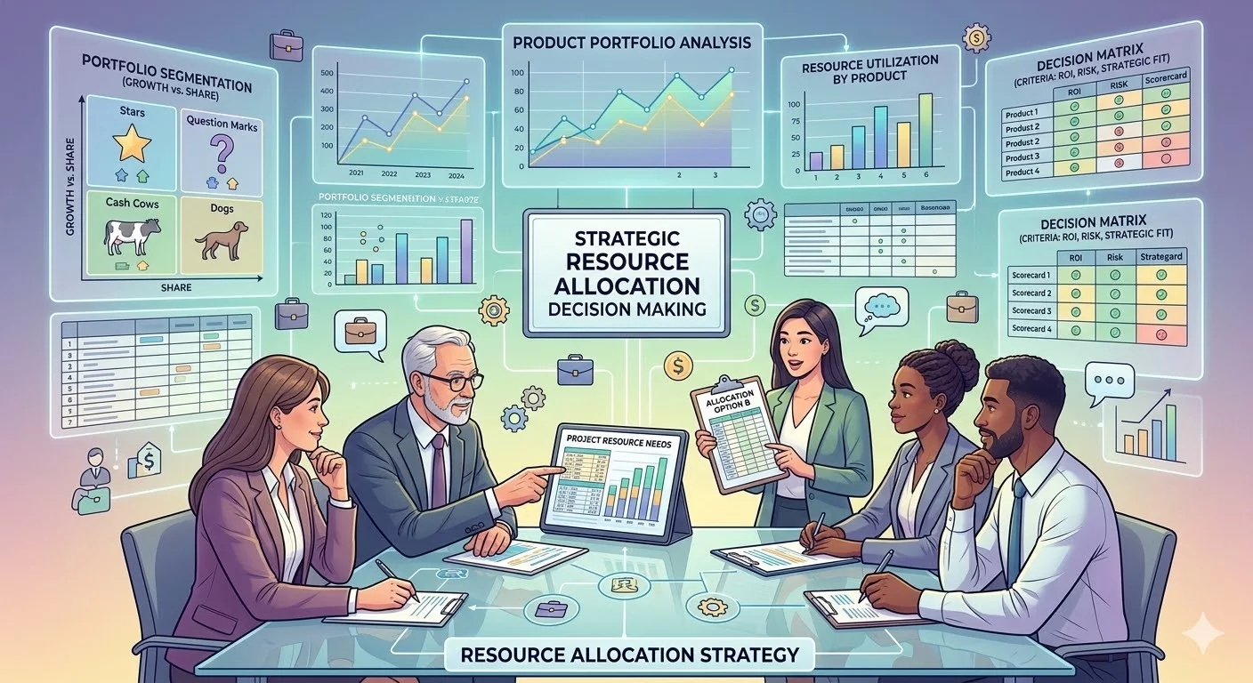 Иллюстрация бизнес-процесса: команда обсуждает стратегию распределения ресурсов, на фоне — диаграммы и таблицы, символизирующие анализ продуктового портфеля и принятие решений