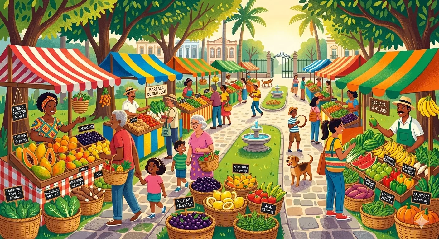  Красочная иллюстрация с изображением фермерского рынка с разнообразными свежими продуктами, яркими прилавками и покупателями