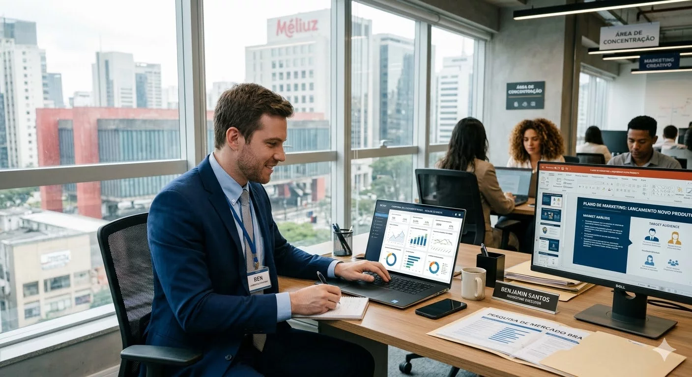 Сотрудник, работающий за ноутбуком в офисе, анализирующий данные или готовящий презентацию — потенциальный исполнитель маркетинговой кампании.