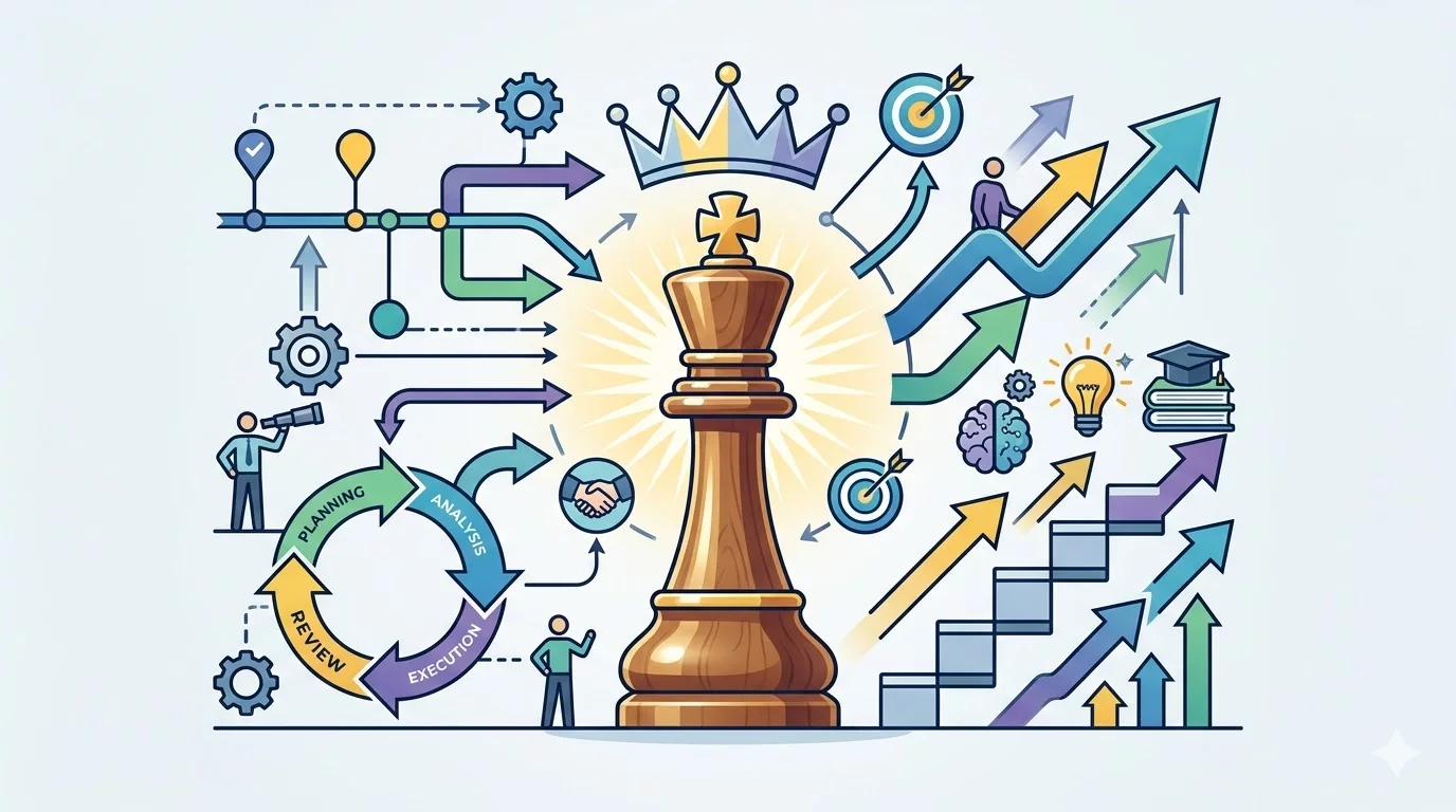 Иллюстрация с символами лидерства и управления: шахматная фигура короля, диаграммы и стрелки, символизирующие стратегическое планирование и развитие навыков