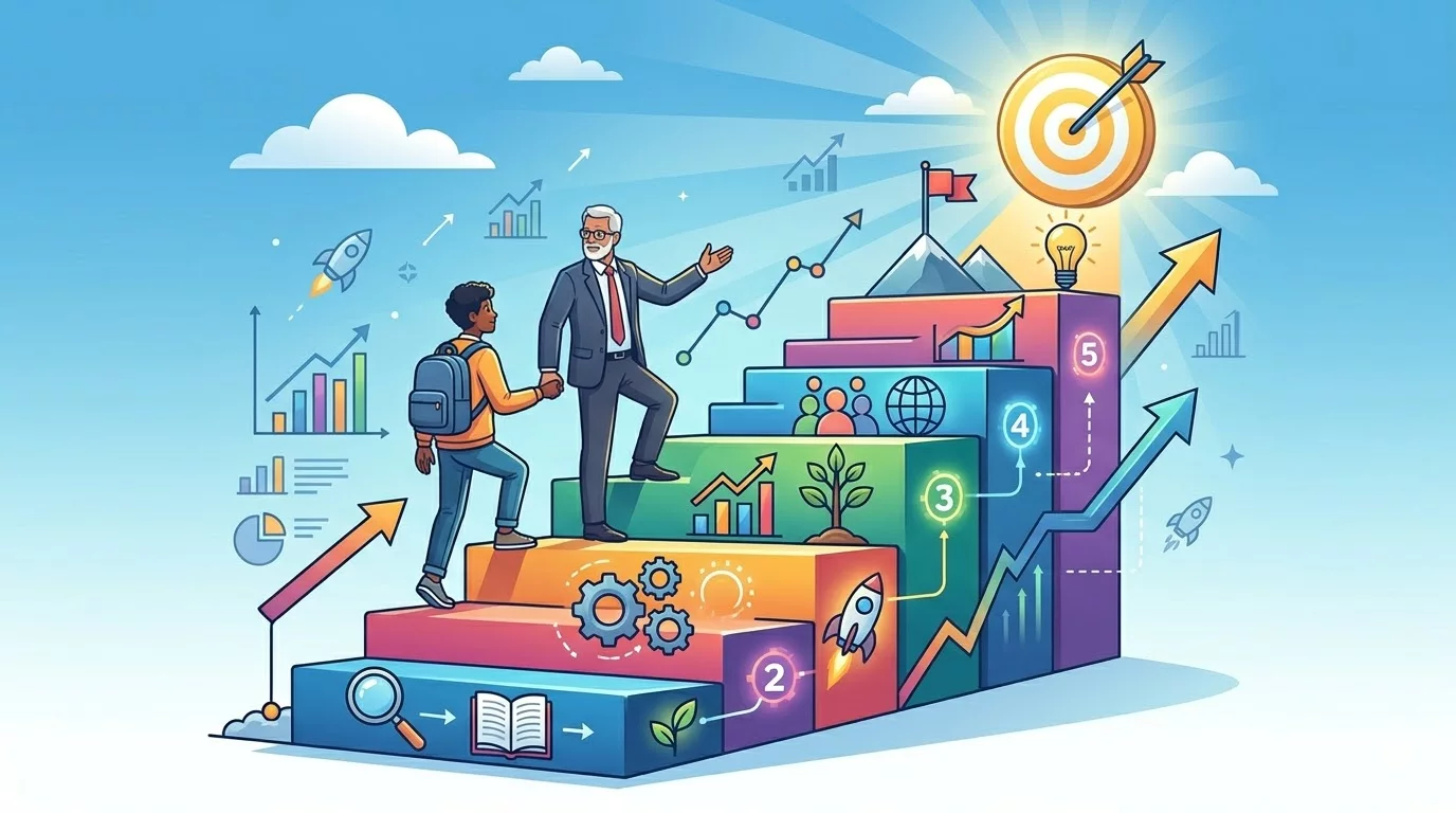 Иллюстрация с изображением лестницы, ведущей вверх, где каждая ступень символизирует этапы развития бизнеса и достижения целей под руководством ментора