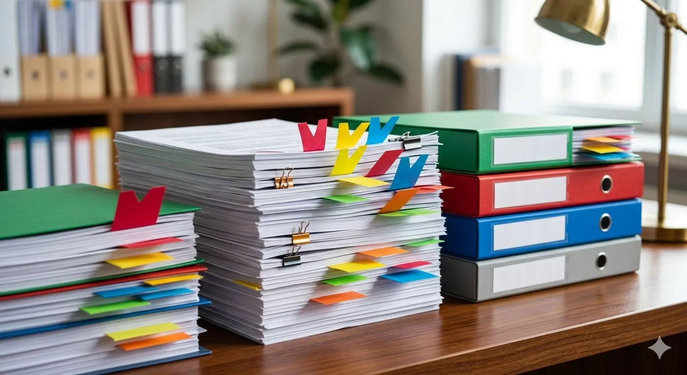 Красиво оформленные стопки документов и папок с яркими закладками, символизирующие порядок и системность в ведении бухгалтерии и документооборота.