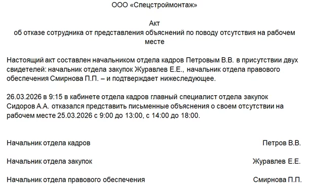 Акт об отказе сотрудника дать письменные объяснения прогула — образец документа по ТК РФ