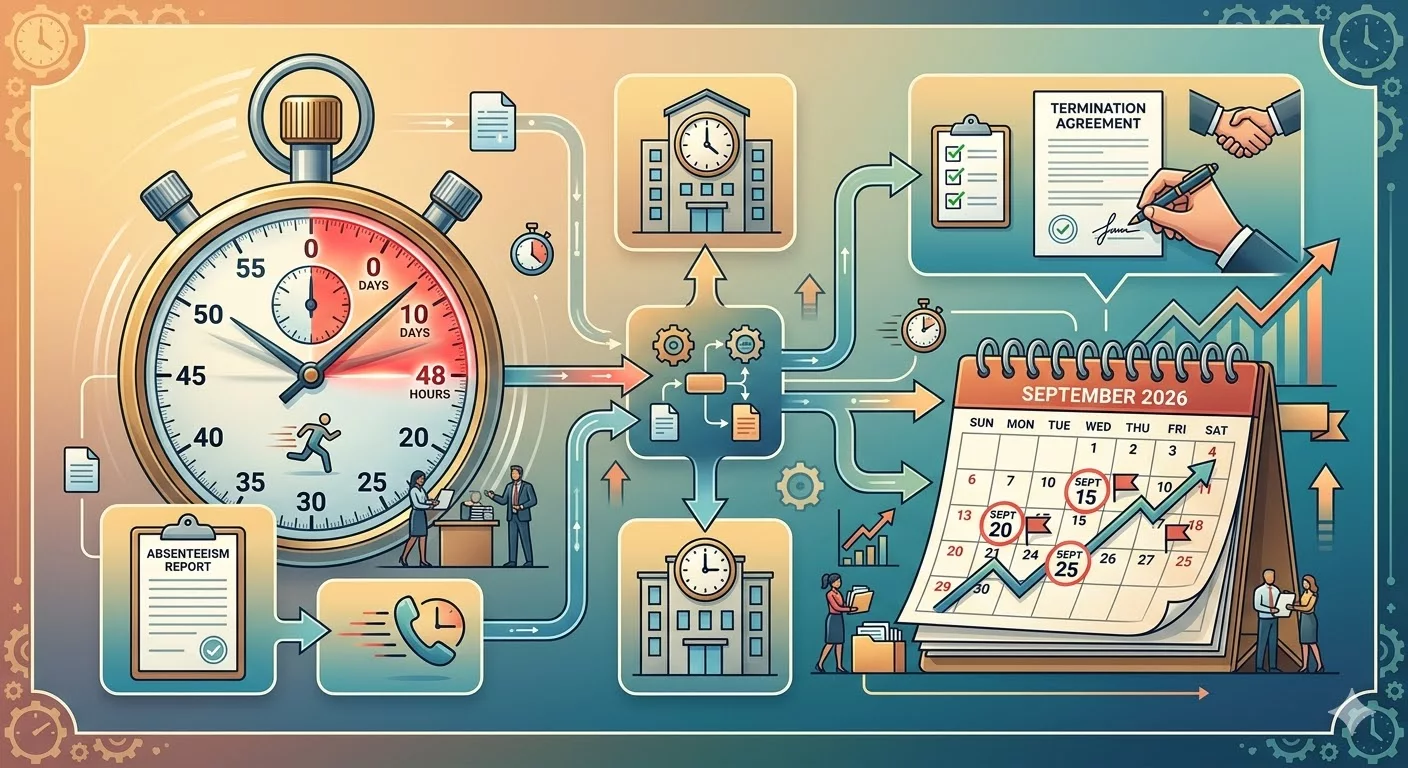 Иллюстрация с изображением стоп-часов и календаря, подчеркивающая важность своевременного фиксирования прогула и соблюдения сроков для увольнения