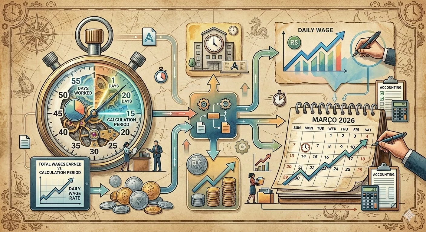 Красивый образ с символами финансов и времени — часы, монеты, календарь с отмеченными рабочими днями, подчеркивающий важность учета отработанных дней и периода расчета в формуле СДЗ.