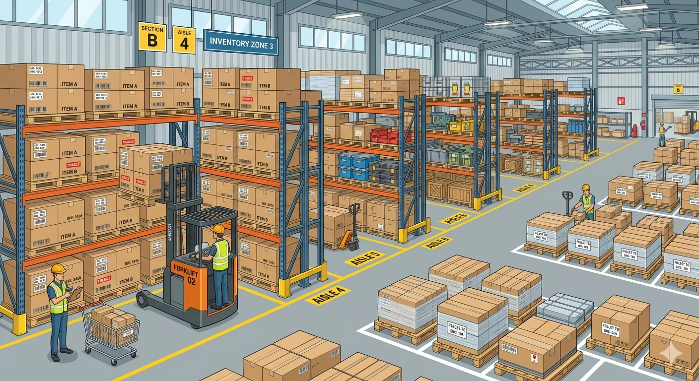 Иллюстрация с аккуратно организованным складом, где видны коробки, паллеты и товарно-материальные ценности, подчеркивающая тему учета и хранения запасов