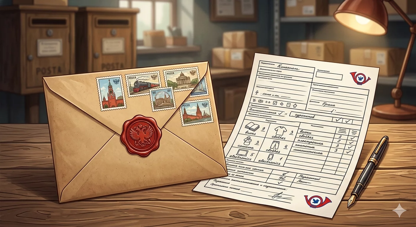 Креативное изображение почтового конверта с печатью и штампами, рядом с которым лежит заполненный бланк описи, подчеркивающее важность правильного оформления документов при отправке через Почту России