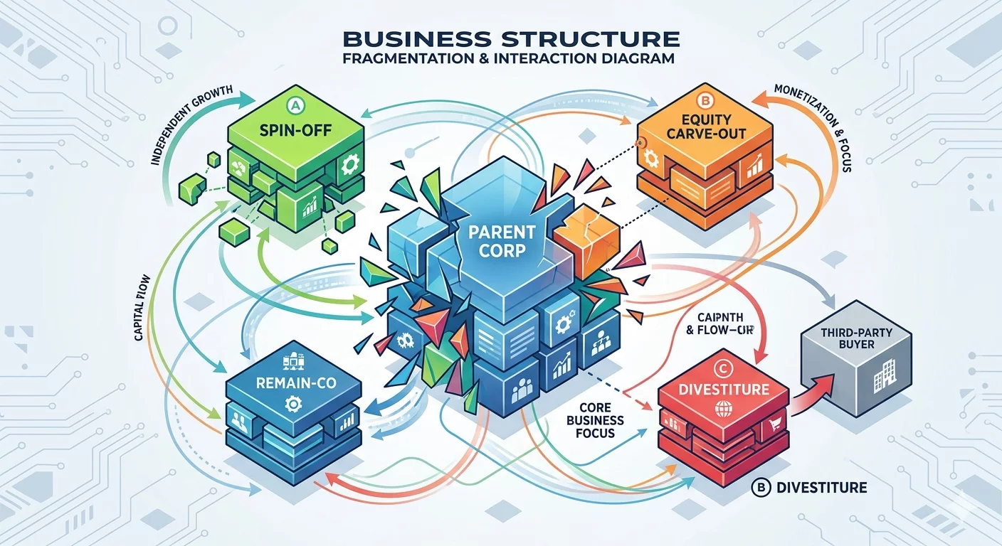 Иллюстрация с абстрактной схемой разделения бизнеса: несколько связанных между собой блоков или компаний, визуально показывающих процесс дробления и взаимодействия структур.